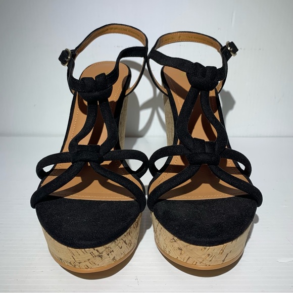 BRAND NEW H&M Black Sz 9.5 Strappy Cork Wedges Velour Feel Straps Platform’s - Picture 10 of 11
